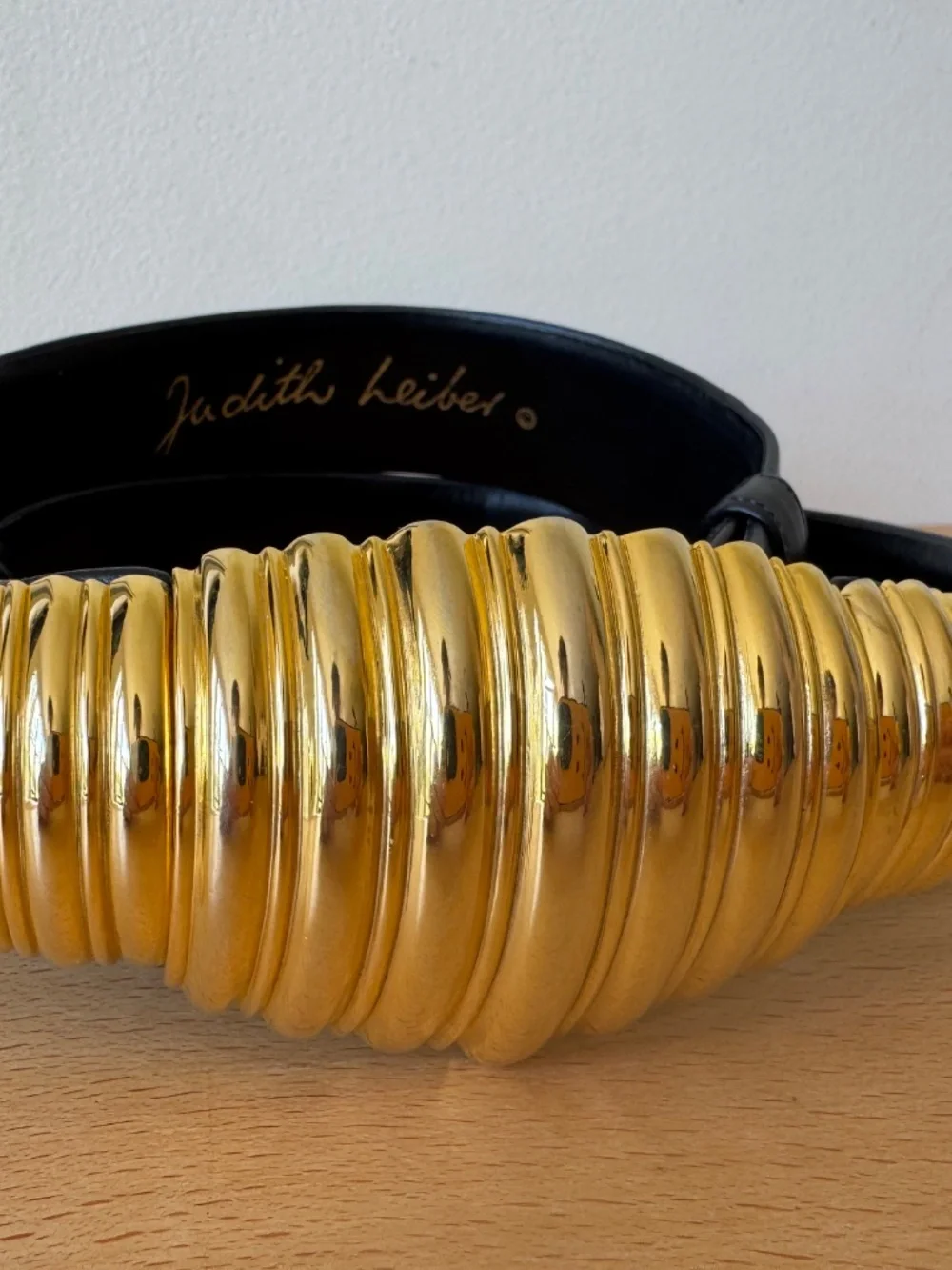 Vintage Judith Leiber Wide Black Leather Belt Ribbed Gold Tone Hinged Adjustable